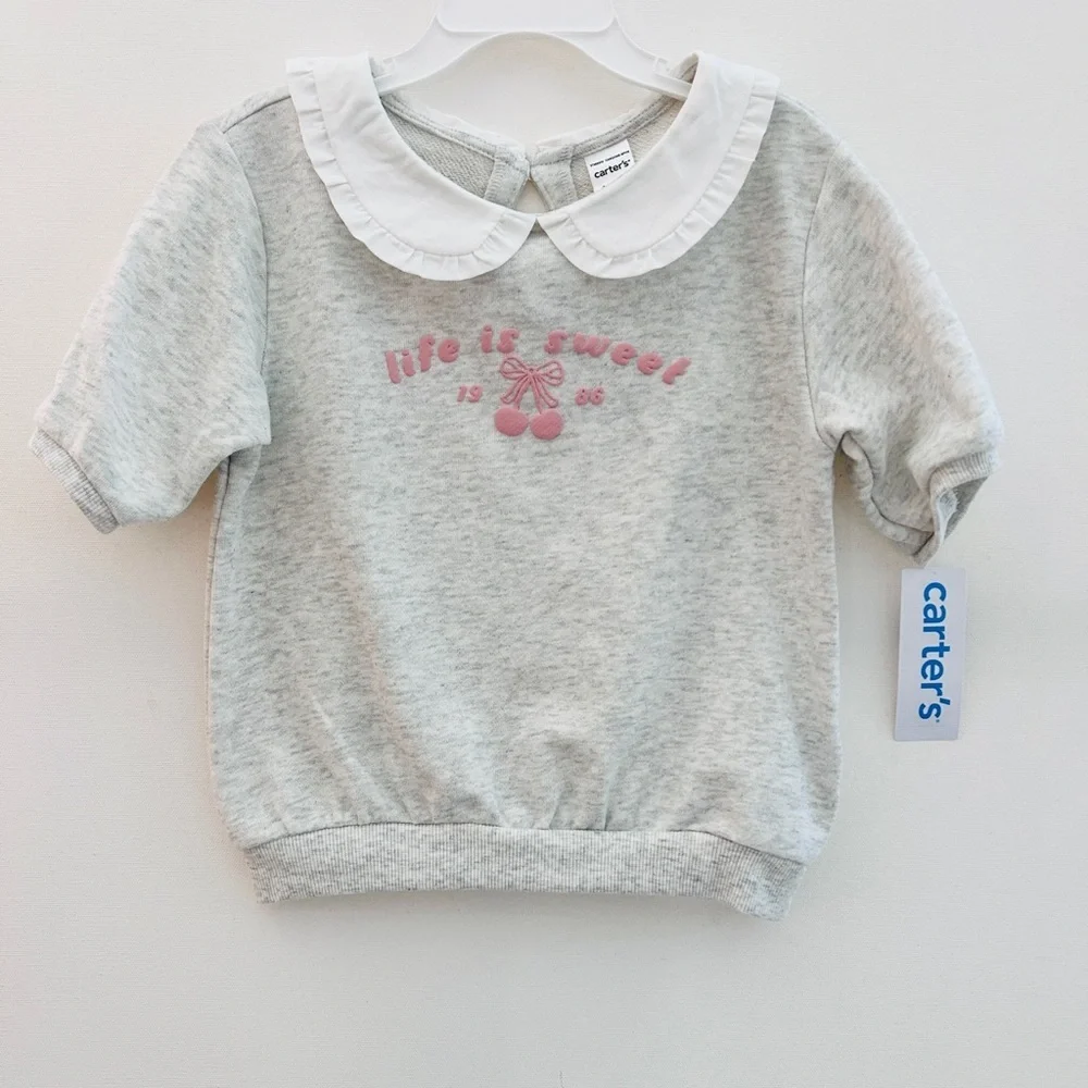 Carter’s 4T Girl Peter Pan Collar Sweatshirt Life Is Sweet Cherry Top NWT